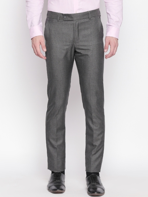 Solemio Men Grey Slim Fit Solid Formal Trousers