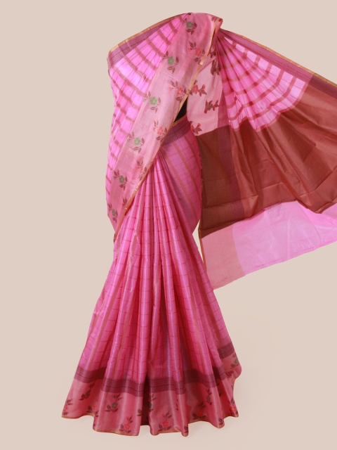 

Pothys Pink Pure Silk Checked Tussar Saree