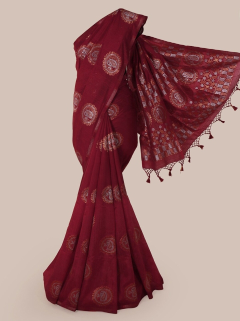 

Pothys Maroon & Silver-Toned Jute Silk Woven Design Saree