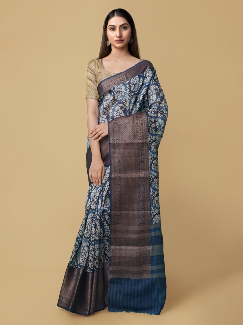 

Unnati Silks Blue Silk Cotton Printed Maheshwari Saree