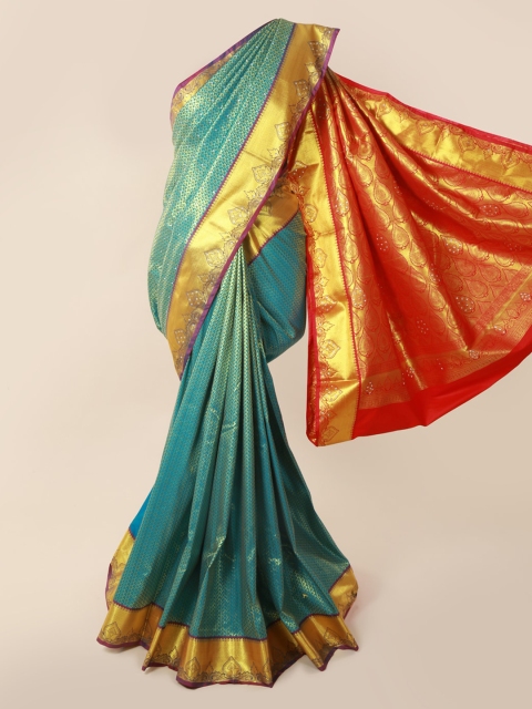

Pothys Blue & Gold-Toned Pure Silk Woven Design Kanjeevaram Saree