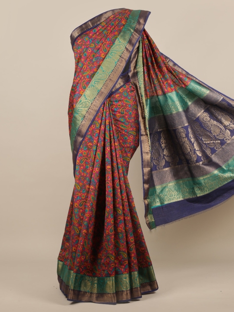 

Pothys Magenta & Blue Jute Silk Printed Saree