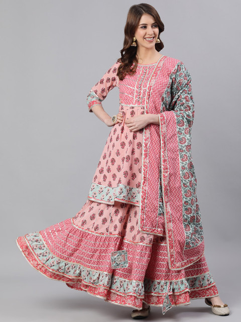 

Ishin DESIGNER STUDIO Women Pink & White Pure Cotton Printed Kurta with Sharara & Dupatta