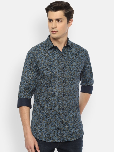

V Dot Men Navy Blue Slim Fit Printed Pure Cotton Casual Shirt