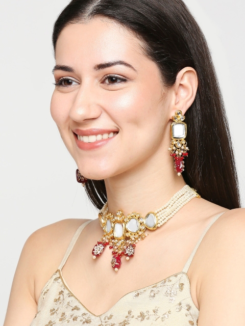 

OOMPH Gold-Toned & Red Kundan-Studded & Beaded Multi-Stranded Handcrafted Jewellery Set
