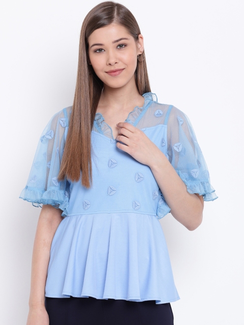

Texco Blue Self Design Embroidered Flared Sleeves A-Line Top