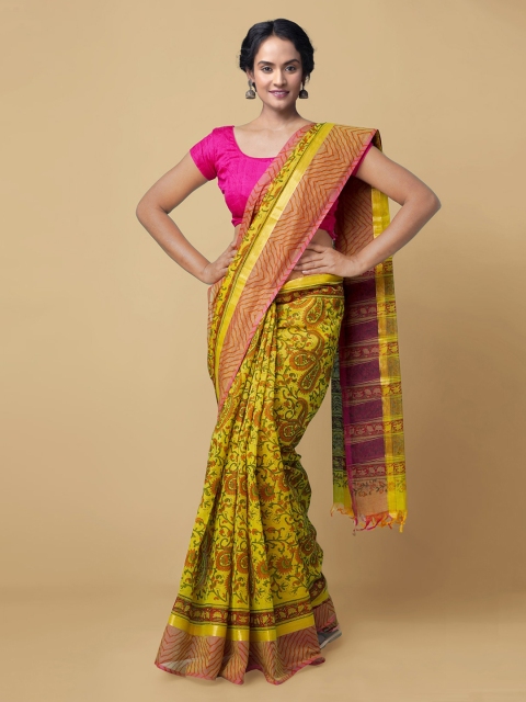 

Unnati Silks Yellow Pure Cotton Printed Mangalagiri Saree