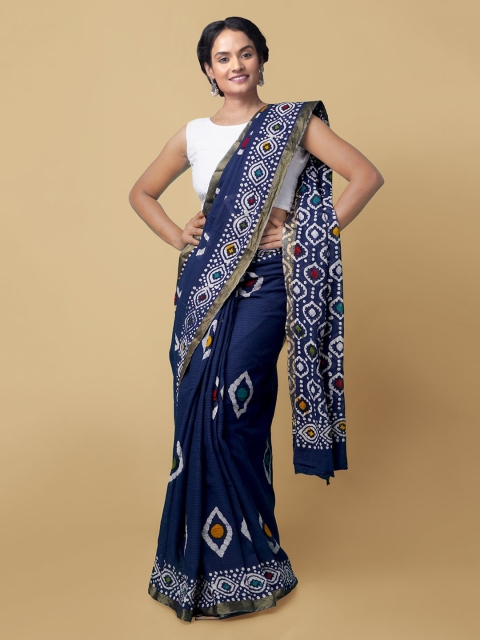 

Unnati Silks Blue Pure Cotton Printed Patola Saree