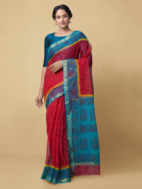 

Unnati Silks Red & Blue Pure Cotton Printed Kota Saree