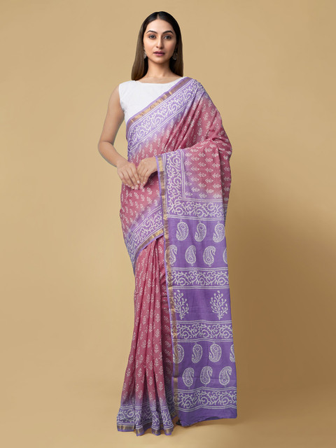 

Unnati Silks Pink Pure Cotton Printed Block Print Saree