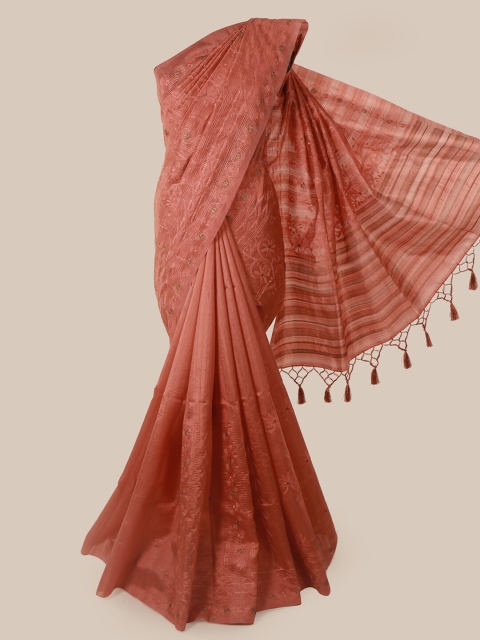 

Pothys Peach-Coloured & Pink Jute Silk Embroidered Saree