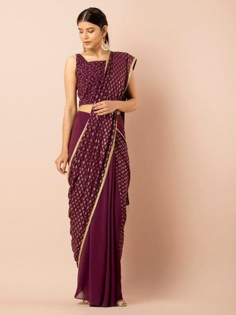 

INDYA Purple Woven Design Poly Georgette Pleated Saree Skirt