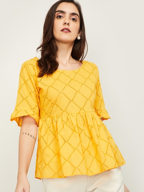 

Bossini Mustard Yellow Embroidered Pure Cotton Peplum Top