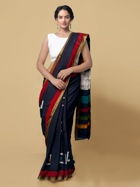 

Unnati Silks Navy Blue & Red Pure Cotton Striped Dabu Saree