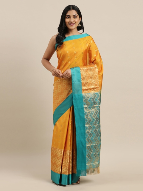 

The Chennai Silks Mustard & Blue Pure Silk Woven Design Dharmavaram Saree