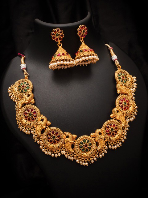 

aadita Gold-Plated Green & Magenta AD-Studded & Beaded Temple Jewellery Set