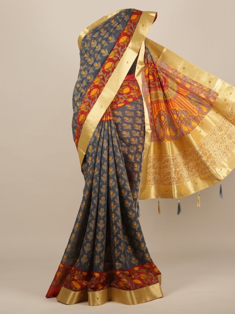 

Pothys Grey Printed Jute Silk Saree