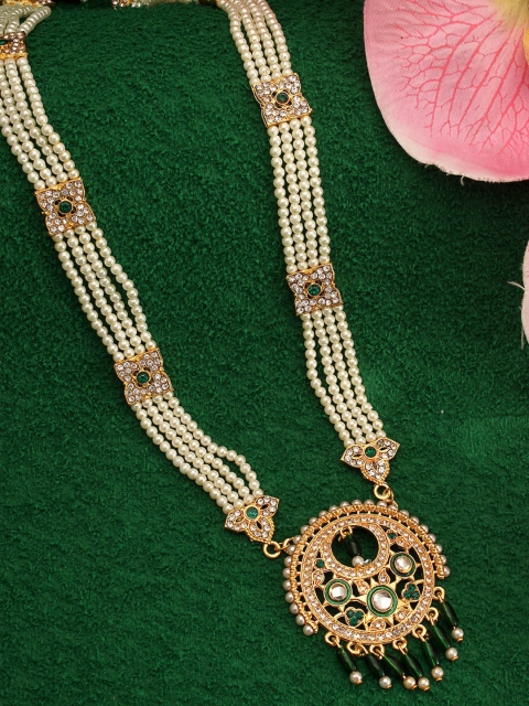 

aadita Gold-Toned Green & White AD Stone-Studded Beaded Necklace