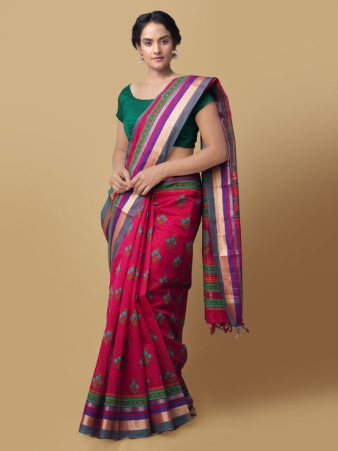 

Unnati Silks Pink & Green Silk Cotton Printed Chanderi Saree