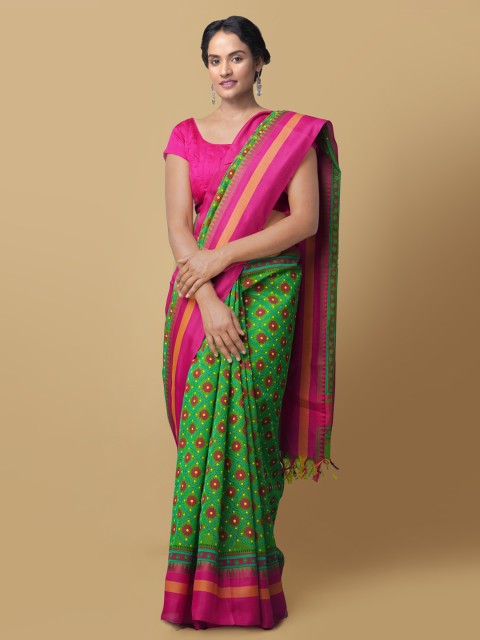 

Unnati Silks Green & Pink Silk Cotton Printed Chanderi Handloom Saree