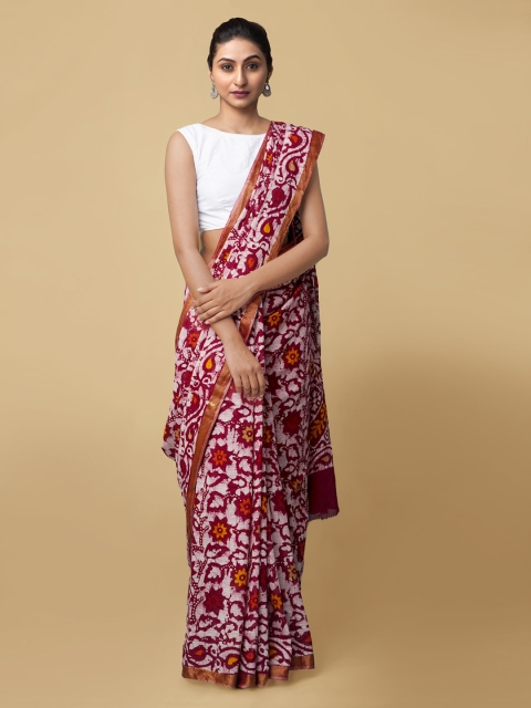 

Unnati Silks Maroon & White Pure Cotton Printed Dabu Saree