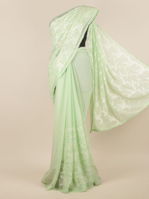 

Pothys Green & White Poly Chiffon Floral Embroidered Saree