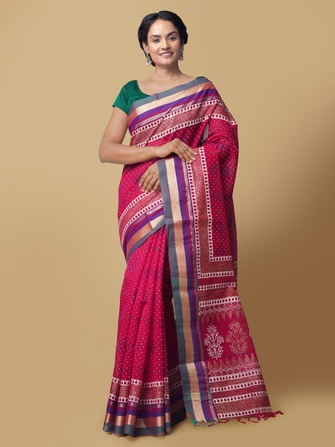 

Unnati Silks Pink & White Silk Cotton Printed Chanderi Handloom Saree