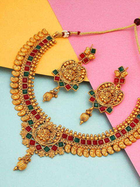 

aadita Green & Red Gold-Plated Stone Studded Temple Jewellery Set