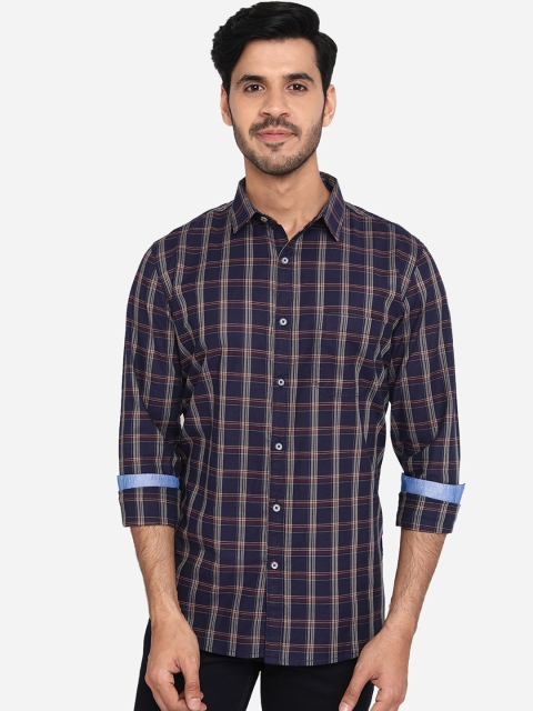 

JADE BLUE Men Blue Slim Fit Checked Pure Cotton Casual Shirt