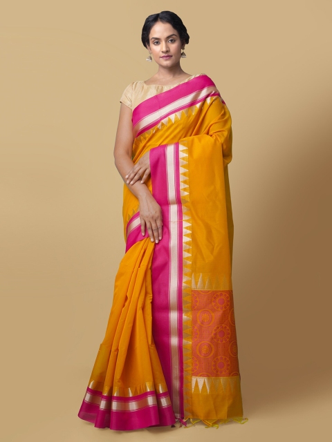

Unnati Silks Yellow Silk Cotton Solid Bhagalpuri Saree