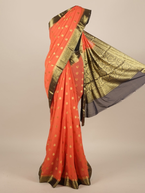 

Pothys Orange & Gold-Toned Poly Georgette Woven Design Saree