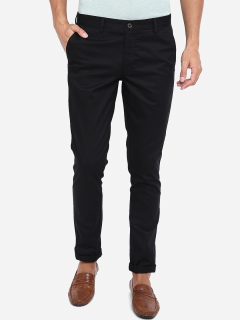 

JADE BLUE Men Black Slim Fit Solid Pure Cotton Trousers