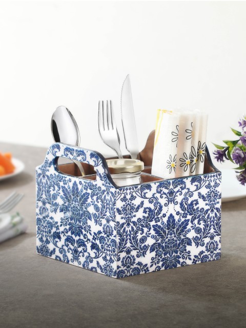 

WOODSMYTHS Brown & White Exotic Floral Decal Printed 4 Compartments Cutlery Holder