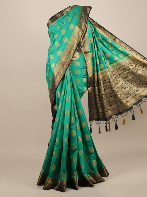 

Pothys Green & Gold-Toned Jute Silk Woven Design Saree With Tasseled Pallu