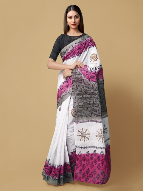 

Unnati Silks White & Pink Pure Cotton Printed Baluchari Handloom Saree