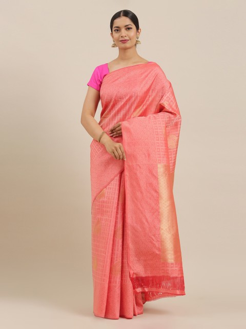 

The Chennai Silks Coral Pure Silk Checked Kanjeevaram Saree