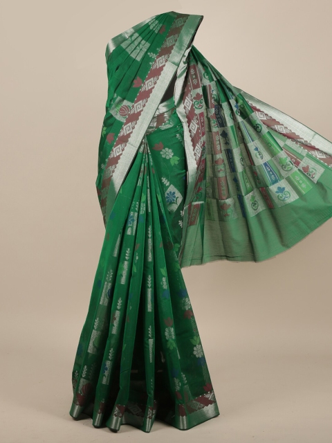

Pothys Green & Silver-Toned Silk Cotton Woven Design Saree