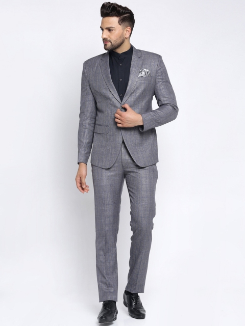 

KLOTTHE Men Grey & Blue Checked Slim-Fit Single-Breasted Two-Piece Party Suit