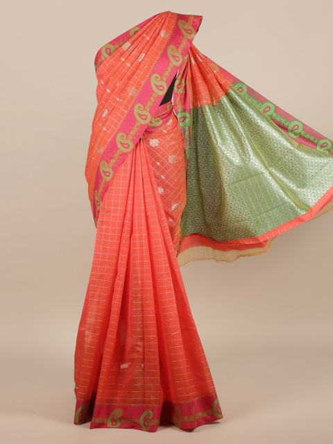 

Pothys Peach-Coloured & Green Silk Cotton Checked Saree