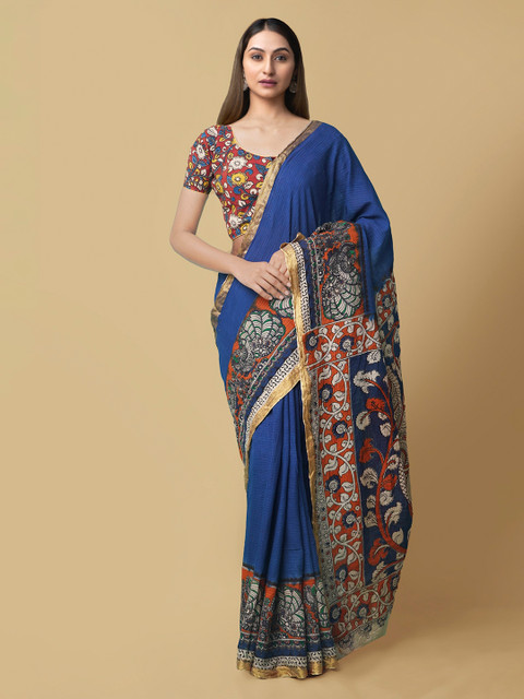

Unnati Silks Blue Pure Cotton Printed Handloom Kanjeevaram Saree