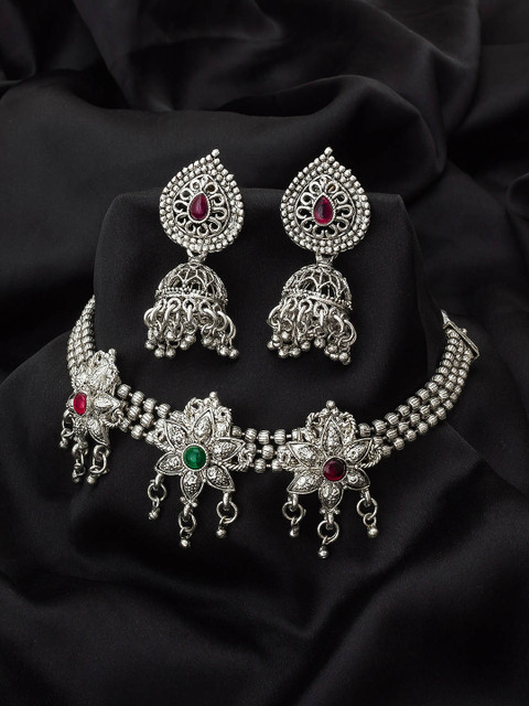 

aadita Oxidised Silver-Plated Magenta & Green Stone-Studded Jewellery Set