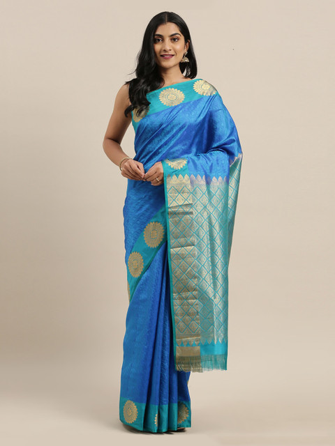 

The Chennai Silks Turquoise Blue & Gold-Coloured Pure Silk Woven Design Dharmavaram Saree