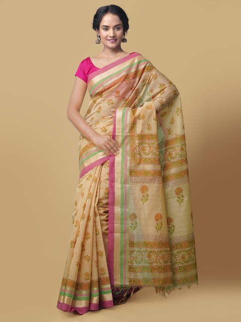 

Unnati Silks Cream-Coloured & Green Silk Cotton Printed Chanderi Handloom Saree