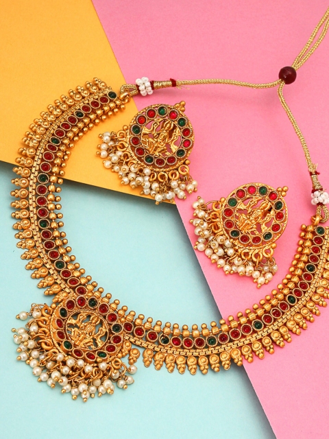 

aadita Gold-Plated Magenta & Green Stone-Studded & Beaded Temple Jewellery Set