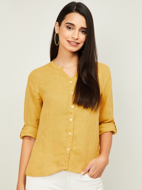 

Bossini Mustard Mandarin Collar Roll-Up Sleeves Shirt Style Top