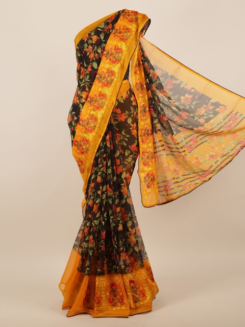 

Pothys Black & Yellow Poly Chiffon Printed Saree
