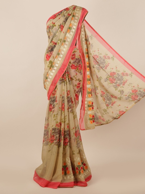 

Pothys Cream-Coloured Floral Printed Poly Chiffon Saree