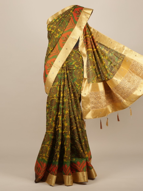 

Pothys Olive Green Printed Jute Silk Saree