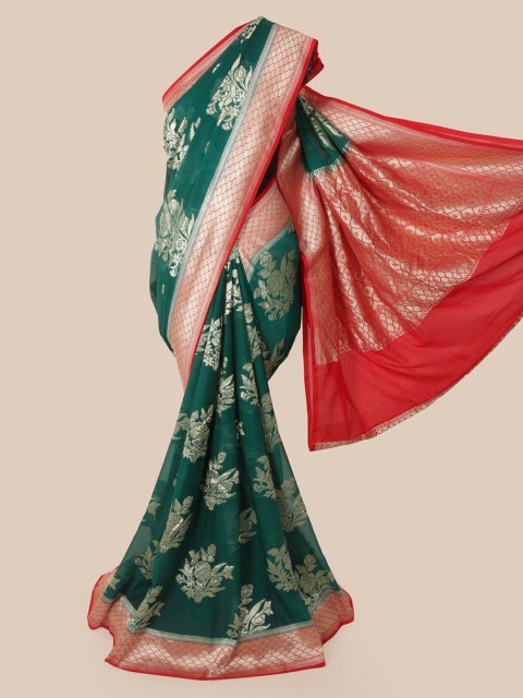 

Pothys Green & Silver-Toned Pure Silk Woven Design Banarasi Saree