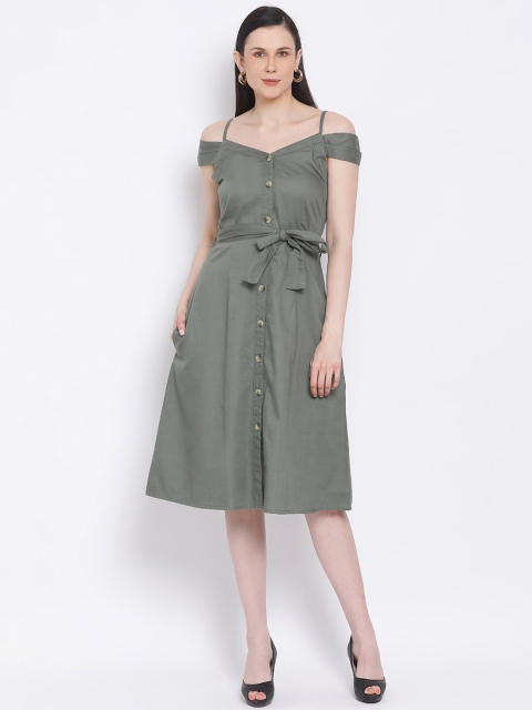 

FOSH Women Olive Green Solid Fit and Flare Dress